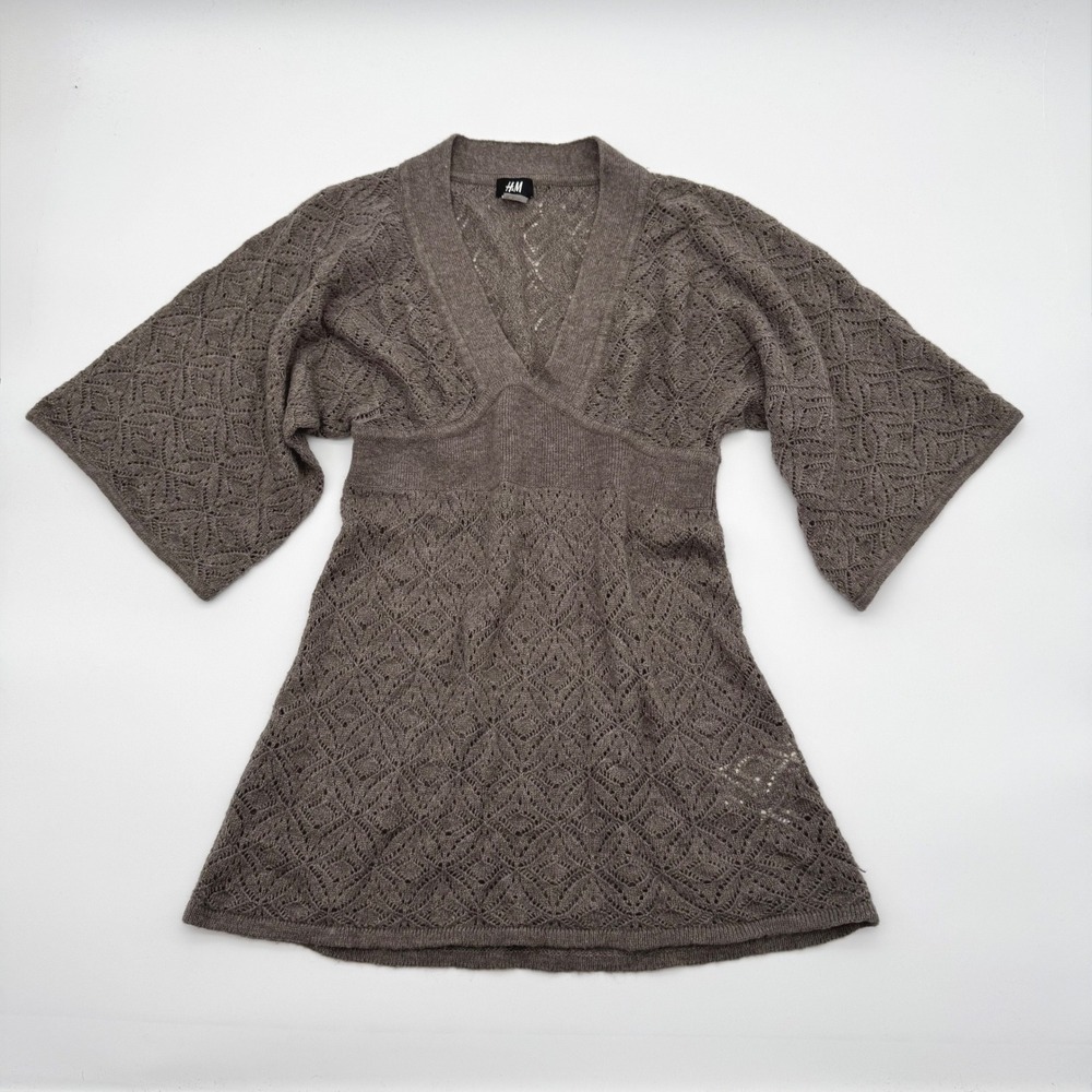 HM Taupe Brown Pointelle Knit Tunic Sweater Mohair Wool Blend V-Neck Medium